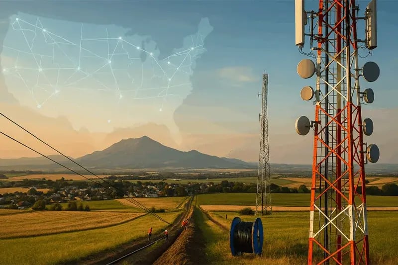 A rural landscape with communication towers and power lines stretching towards a distant mountain. A digital map overlay depicts a connected network.